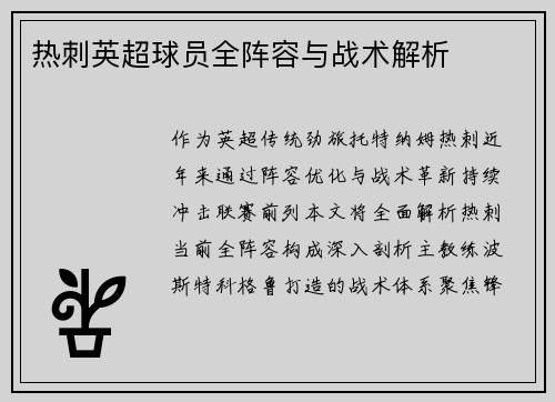 热刺英超球员全阵容与战术解析
